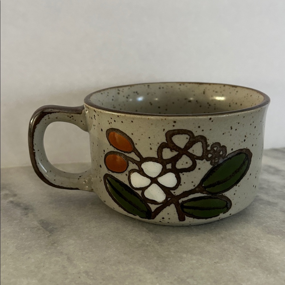 Vintage Otagiri 1970s Stonewear Soup Mug Floral Speckled